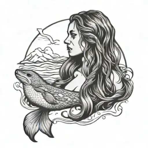 A selkie from Scottish folklore. Half seal, half woman. Beatiful, long hair. Emerging from water and shedding its skin.  tattoo design idea
