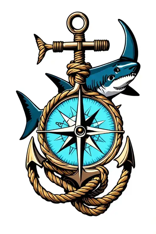 nautical compass boat anchor with rope wrapped and a shark behind  tattoo design idea