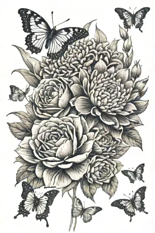 carnation, daisy, water lily, rose bouquet with butterfly tattoo design idea