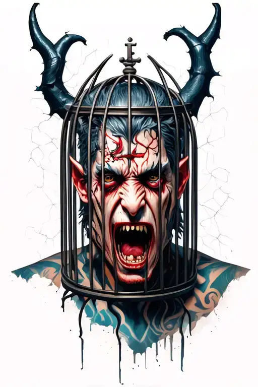 demon in cage behind torn skin and cross tattoo design idea