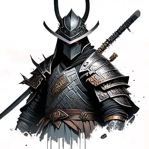 half cyberpunk half medieval samurai warrior tattoo design idea