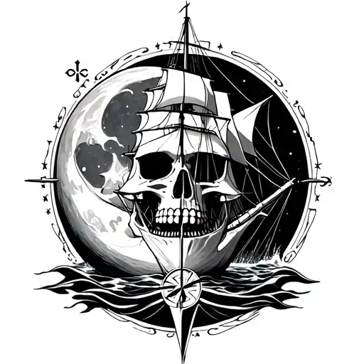 skull moon twelve masted clippership and compass rose tattoo design idea