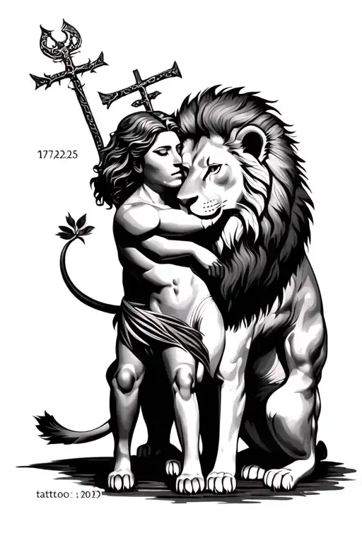 Christian tattoo with lion and lioness who hug themselves with 07.06.2025 tattoo design idea