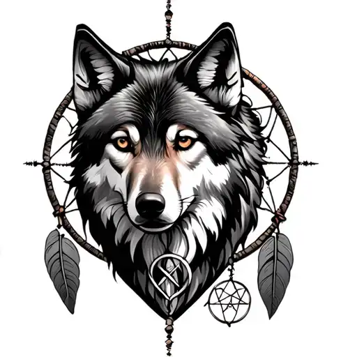 wolf and dreamcatcher with pentagram surrounded tattoo design idea