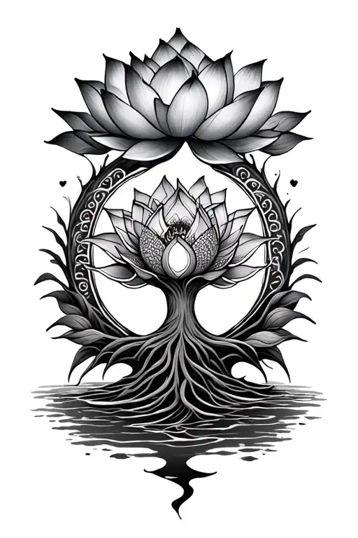 tree of life, lotus flower, mandala design incorporating elements tattoo design idea