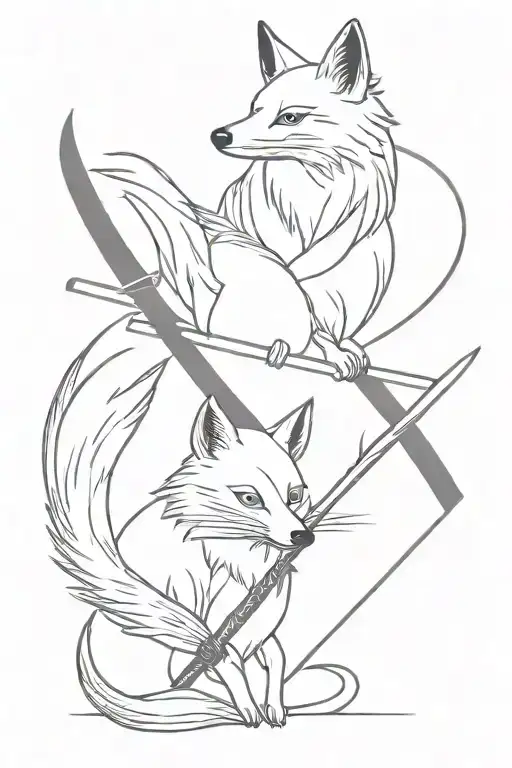 Japanese fox and crow with 2 katanas crossed tattoo design idea
