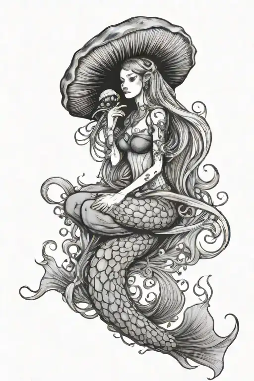 mushroom mermaid with a jellyfish tattoo design idea