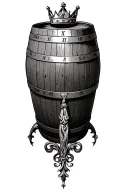 whiskey barrel with roman numerals and a kings crown above it realistic tattoo design idea