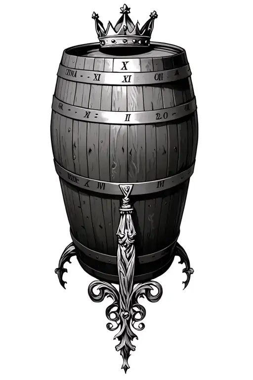 whiskey barrel with roman numerals and a kings crown above it realistic tattoo design idea