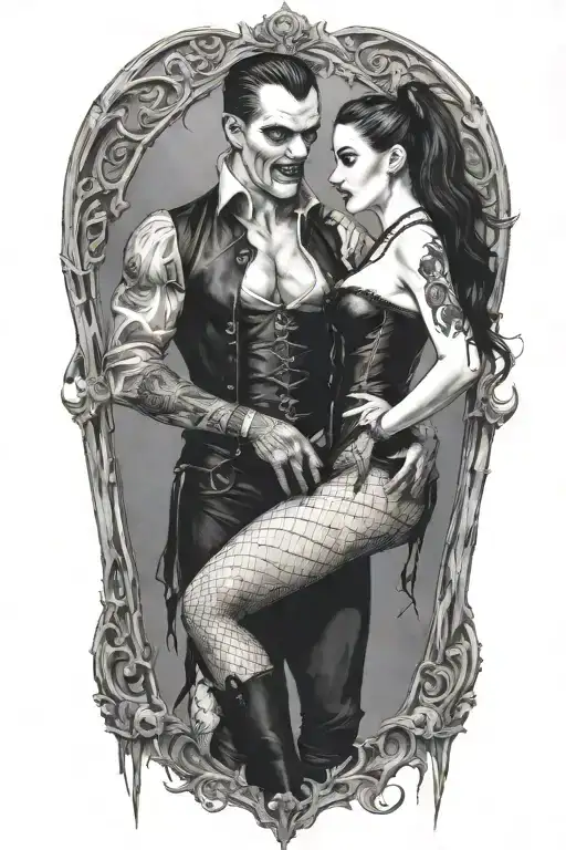 realistic scene of a gothic pinup girl waering half corset and fishnets being bitten by a scary male vampire tattoo design idea