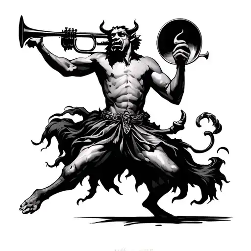 Some devils dancing by blowing a travesera flute with trumpet tattoo design idea