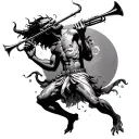 Some devils dancing by blowing a travesera flute with trumpet tattoo design idea