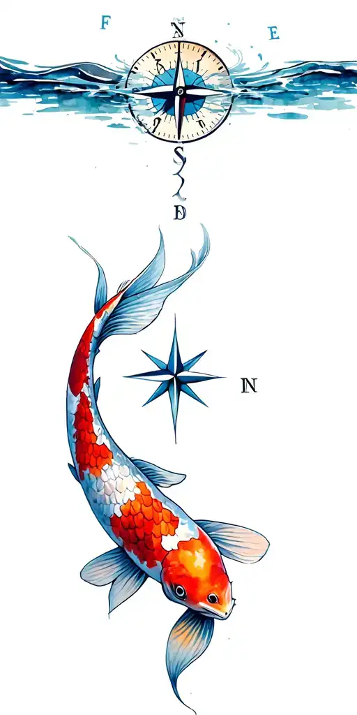compass clock koi fish swimming upstream tattoo design idea
