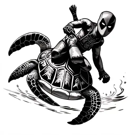 baby deadpool riding a sea turtle swimming tattoo design idea