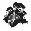blackwork dark floating island with waterfall  tattoo design idea