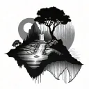 blackwork dark floating island with waterfall  tattoo design idea