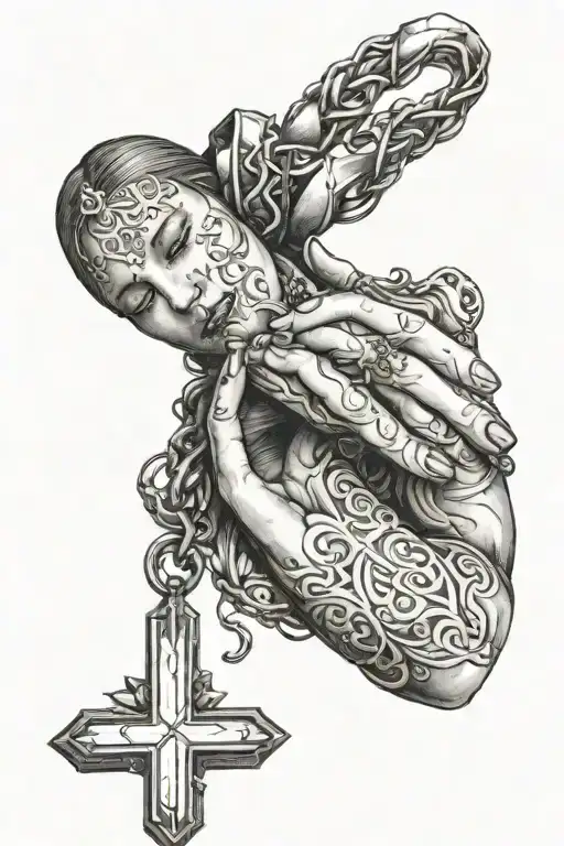 woman praying with cross necklace wrapped around hand simple tattoo design idea