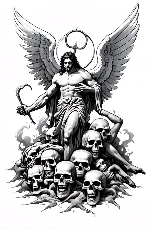 St Micheal with wings killing demon on pile of smokey skulls tattoo design idea