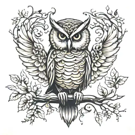 owl perched on a branch surrounded tattoo design idea