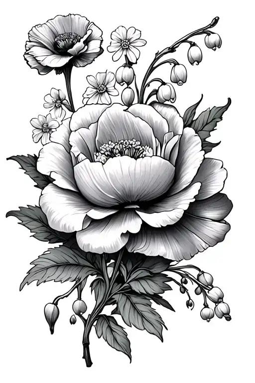 Poppy, Forget me not, Carnation, Violet, Peony, Lily of The Valley with a ribbon tattoo design idea