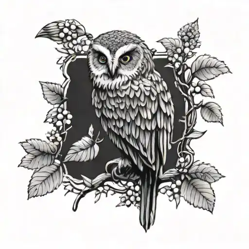 Meaningful picture including an owl and raven and a blueberry bush tattoo design idea