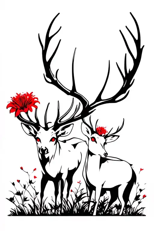 japanese red spider lily and deer with red eyes looking in the middle of forest tattoo design idea