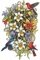Vines that wrap around with honeysuckles And iris flowers and daffodils, hummingbirds and red cardinals also  tattoo design idea