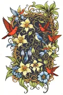 Vines that wrap around with honeysuckles And iris flowers and daffodils, hummingbirds and red cardinals also  tattoo design idea