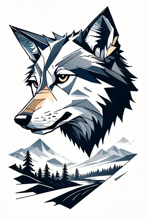 forearm with Origami style wolf in a landscape tattoo design idea
