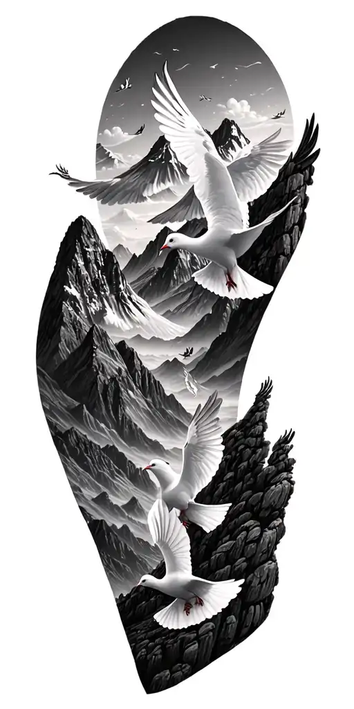 A detailed mountain landscape featuring 5 doves flying without color tattoo design idea