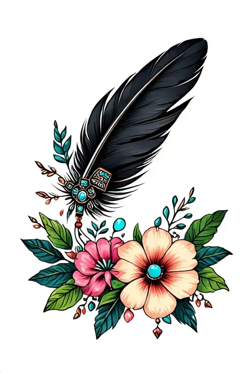 black feathers, american flag,and turquoise western jewelry, flowers, with aztec pattern gap fille, with green leaves tattoo design idea