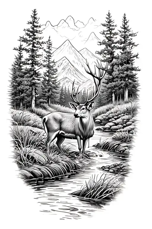 a deer standing in a fall season forest scene featuring a flowing stream in a marsh with mountains in the background  tattoo design idea