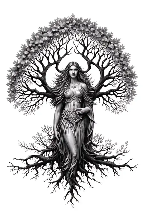 freya norse goddes growing together ygg drasil tree tattoo design idea