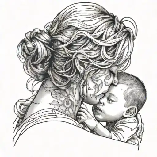outline of little boy kissing moms forehead, with little girl tucked under moms chin tattoo design idea
