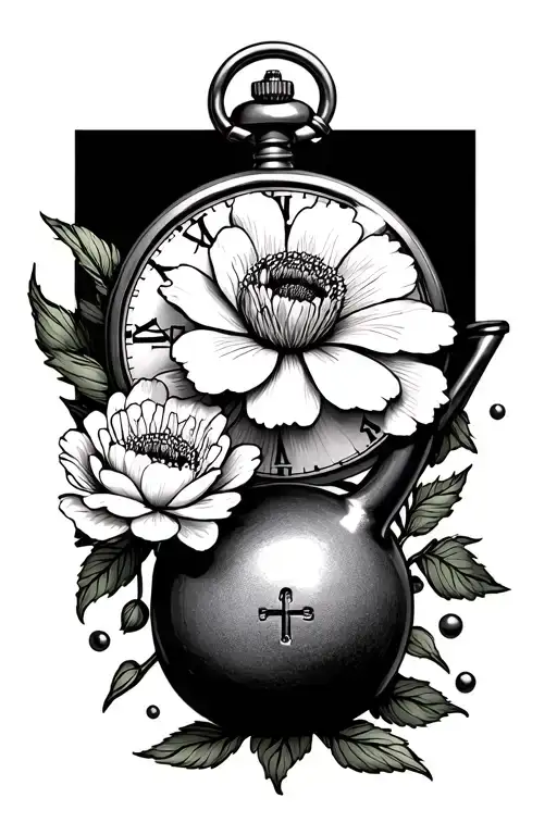 pocket watch, kettle bell, cross, ranunculus flower, cosmo flower tattoo design idea