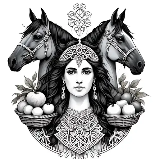 Celtic Goddess, Epona. surrounded by Horses and baskets of fruit tattoo design idea