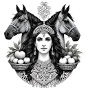 Celtic Goddess, Epona. surrounded by Horses and baskets of fruit tattoo design idea