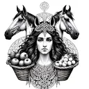 Celtic Goddess, Epona. surrounded by Horses and baskets of fruit tattoo design idea