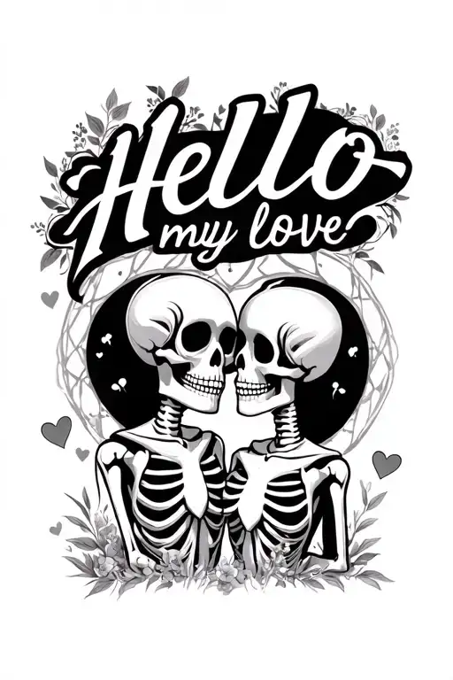 "“Hello my love” " skeleton couple in love. cottage. web frame. American trad style pencil on paper  tattoo design idea