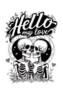 "“Hello my love” " skeleton couple in love. cottage. web frame. American trad style pencil on paper  tattoo design idea