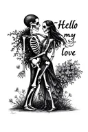 "“Hello my love” " skeleton couple in love. cottage. web frame. American trad style pencil on paper  tattoo design idea