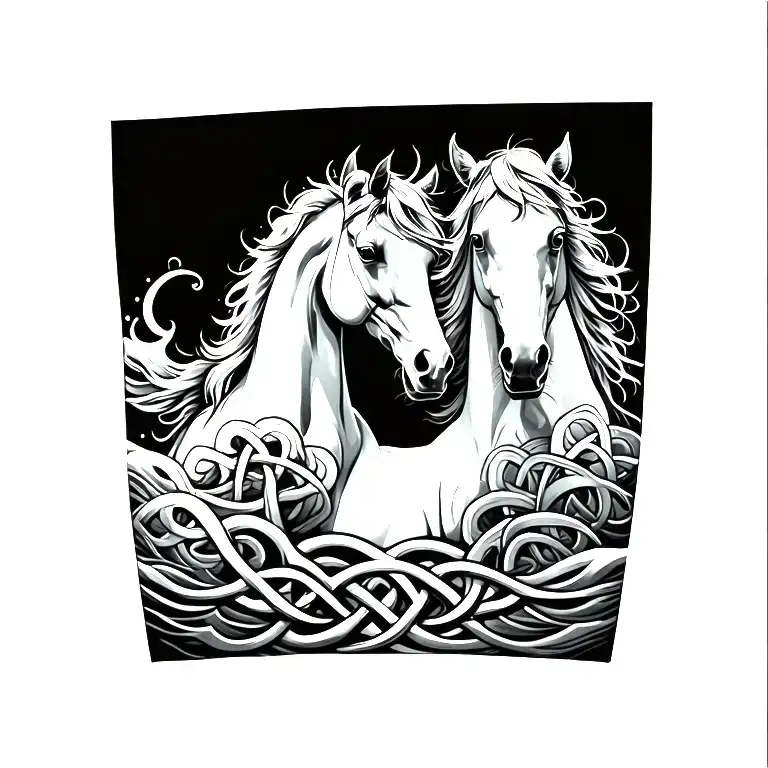 Kelpi horses and waves and Celtic knotwork intertwined tattoo design idea