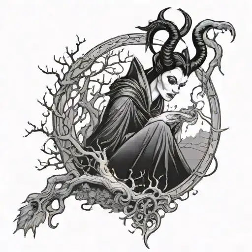 maleficent with horns as poison tree tattoo design idea