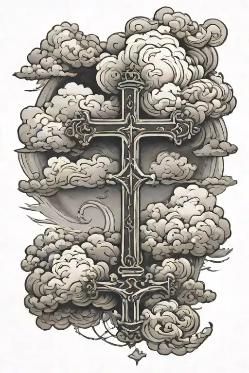 a detailed cloud scene with a cross tattoo design idea