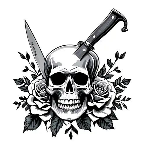 chef knife with skull and roses tattoo design idea