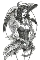 Sexy Angel, pale skin, Big breasts, Wide Hips, Angel wings, Halo, G-String, Revealing bra, Sexual, Bloody, Seductive. tattoo design idea
