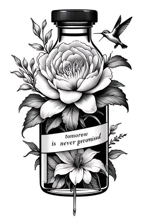 vial of insulin, with peony, eidlwise and stargazer lily flower and hummingbird with saying "tomorrow is never promised" tattoo design idea