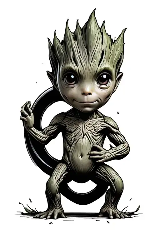 cute baby groot holding the letter C tattoo design idea