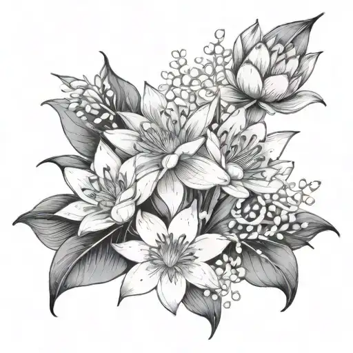 water lily, Lilly of the valley, and cosmo flowers  tattoo design idea