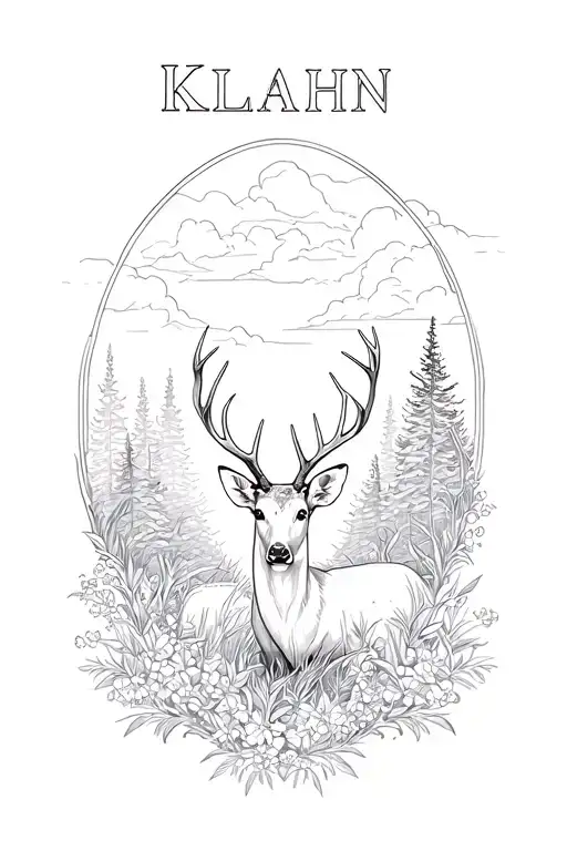 outdoor landscape with a deer in the middle and the last name Klahn in the background  tattoo design idea